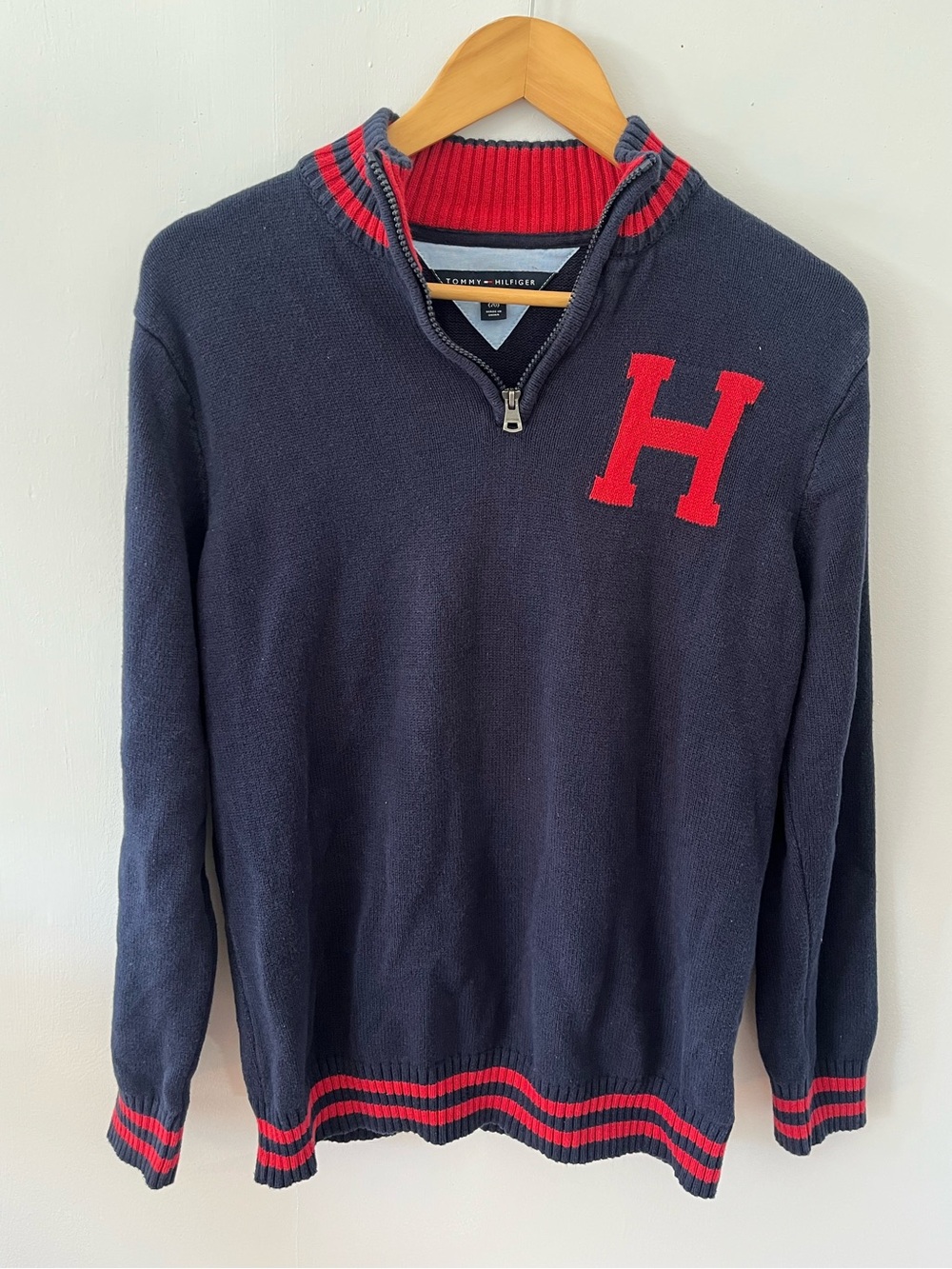 Tommy Hilfiger quarter-zip sweater with H letterman